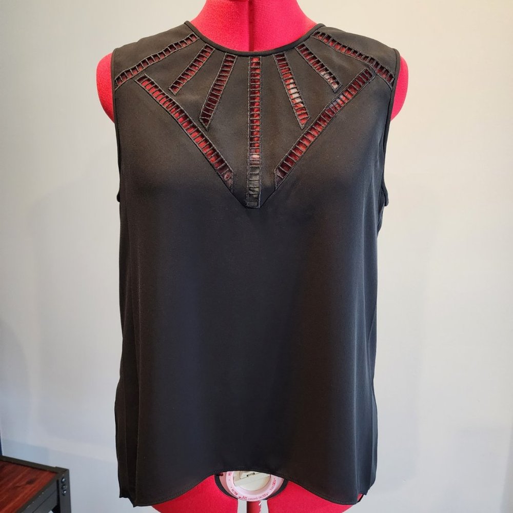 BCBG sleeveless tuxedo style blouse